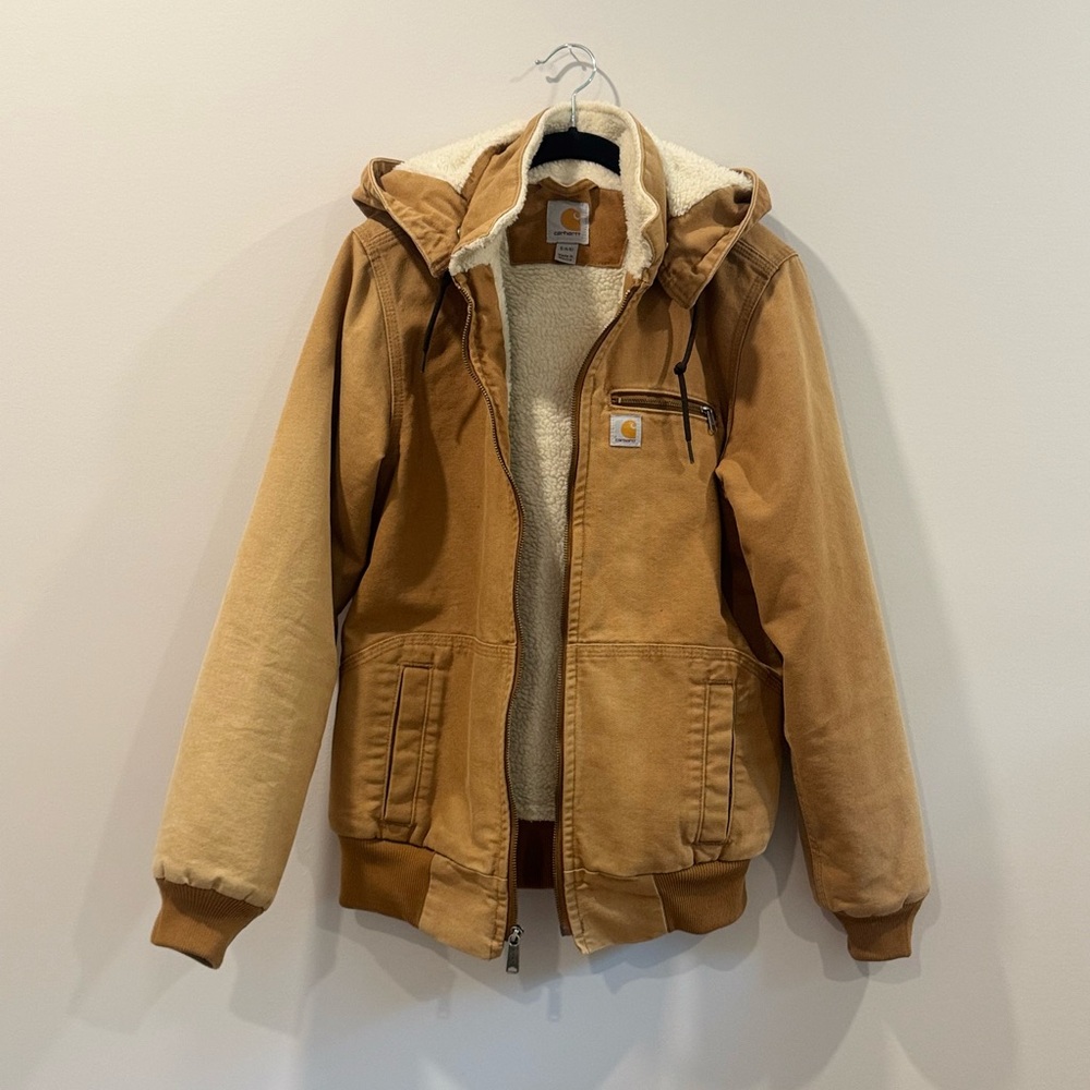 Vintage Carhartt Tan Hooded Sherpa Lined Bomber Jacket
